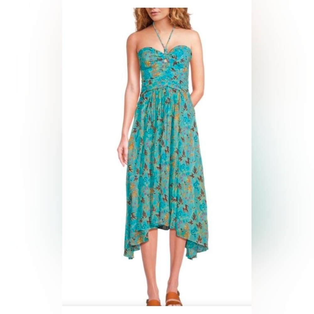 A.L.C. Violet Strapless Silk Midi-Dress in Blue Multi Size 8